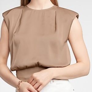 COPY - Express Satin Padded Shoulder Banded Bottom Top in Khaki size M